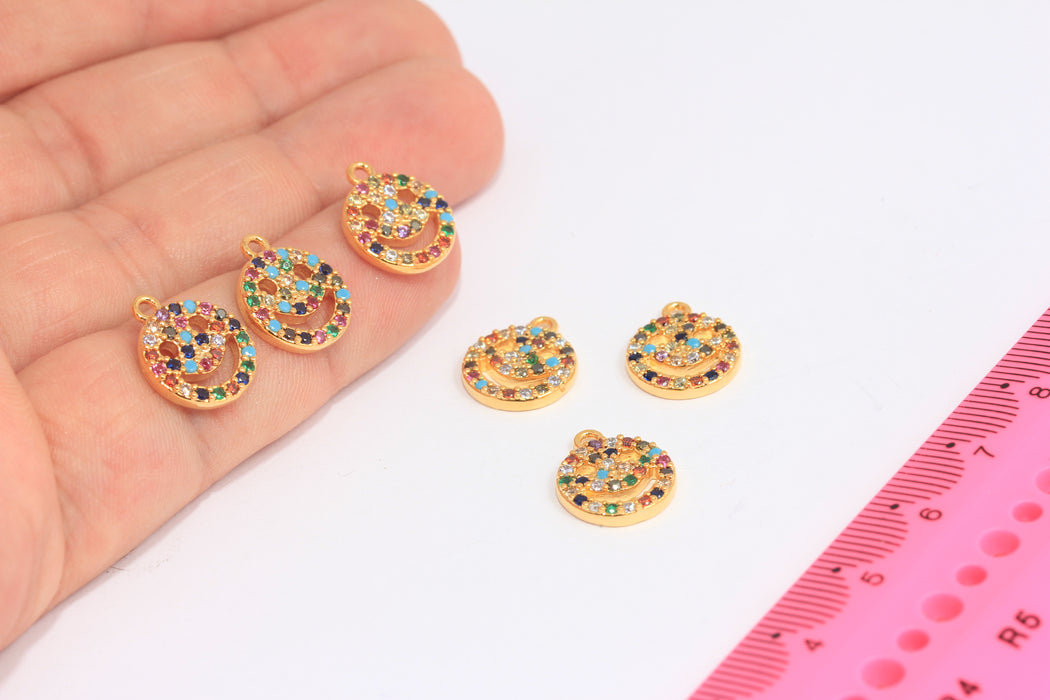 12x14mm 24k Shiny Gold Smiley Charms, CZ Mixed Color Smiley Beads, SLM929