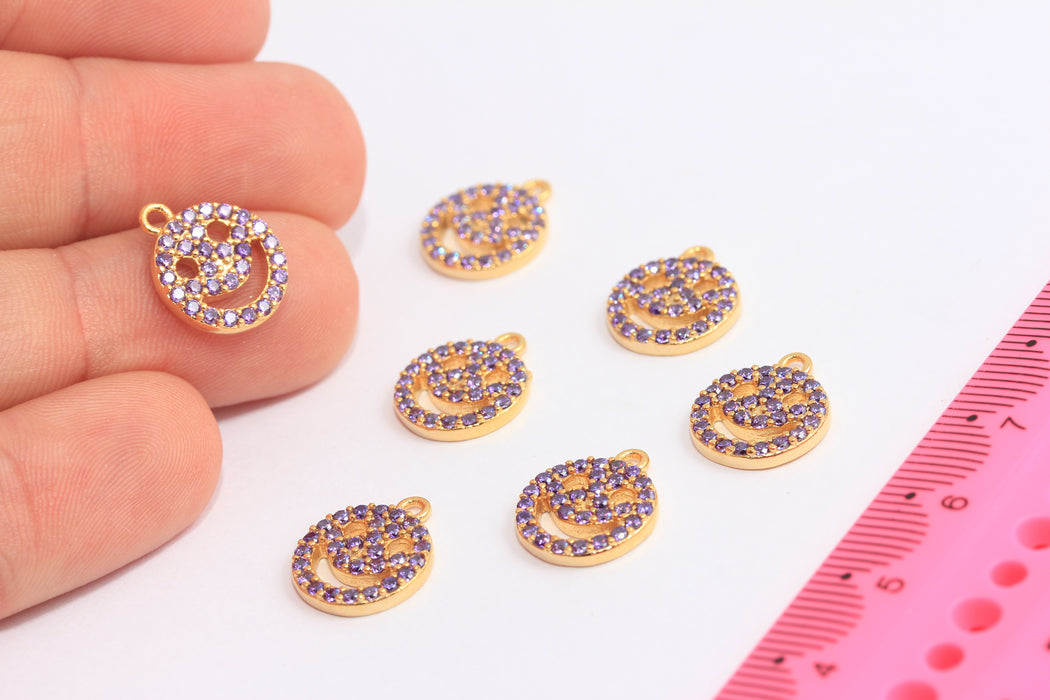 12x14mm 24k Shiny Gold Smiley Charms, CZ Purple Stone Smiley Beads, MTE910