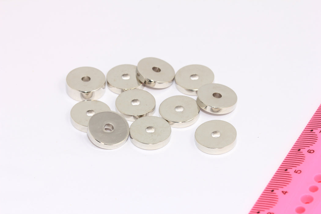 3x14m Rhodium Plated Round Charms, Round Disc, Flat Disc Beads, BRT126