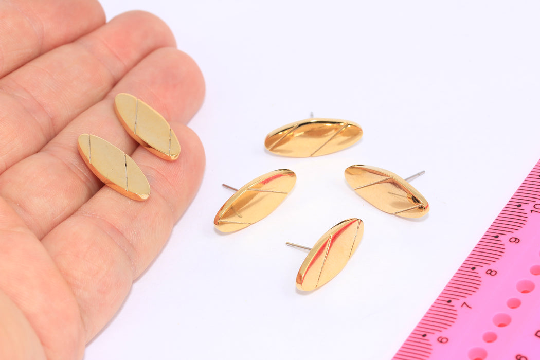 9x21mm 24k Shiny Gold Oval Stud Earrings, Gold Simple Studs, LA49