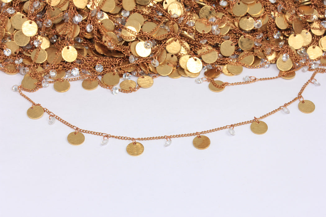 8mm Raw Brass Coin Chain, Chain With Crystal Beads, KPT43-2