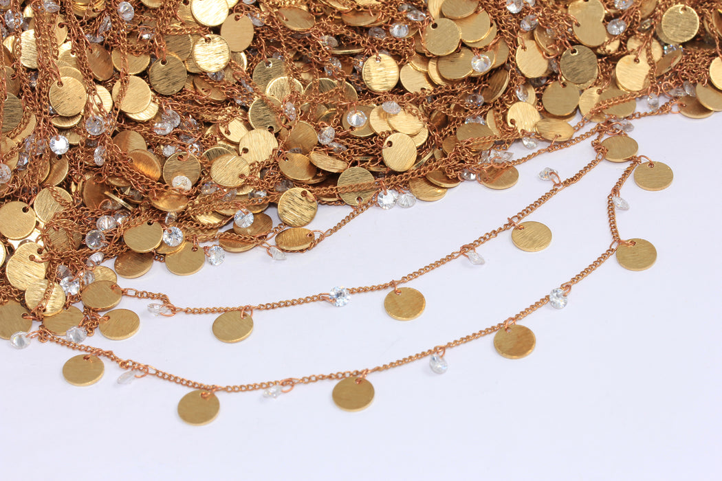 8mm Raw Brass Coin Chain, Chain With Crystal Beads, KPT43-2