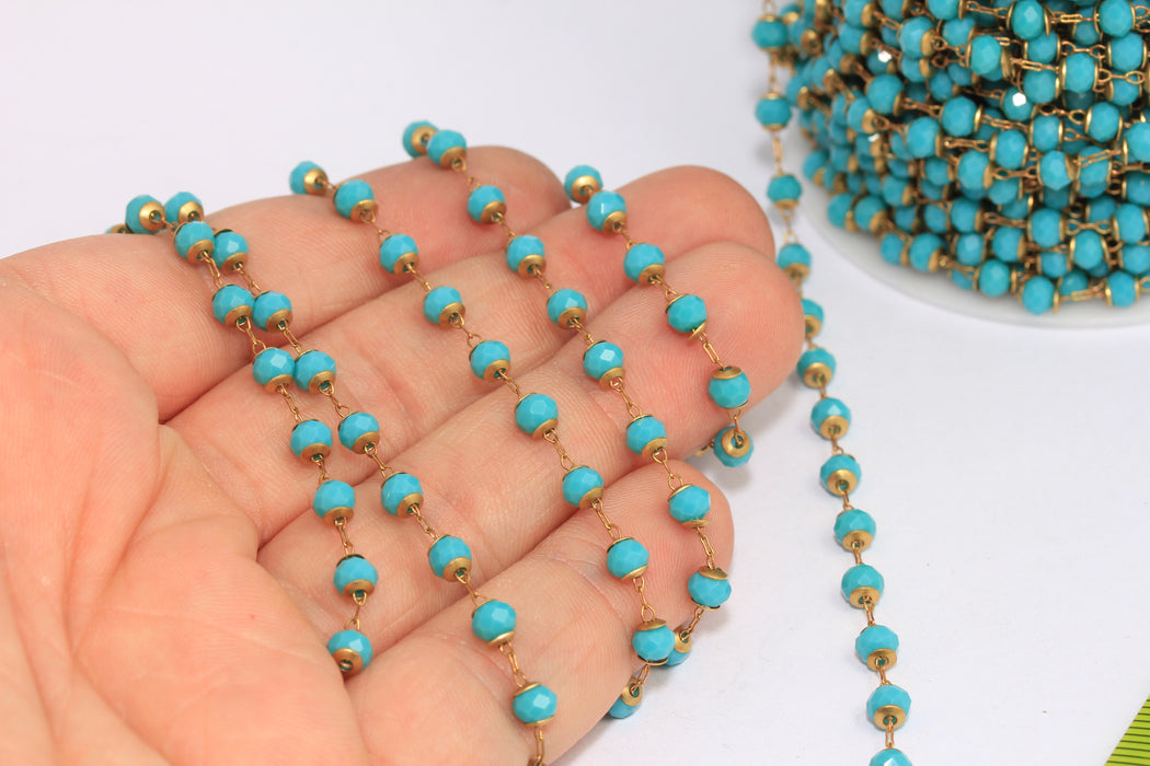 4mm Raw Brass Beaded Chains, Turquoise Crystal Rosary Style Chain, CHK-3