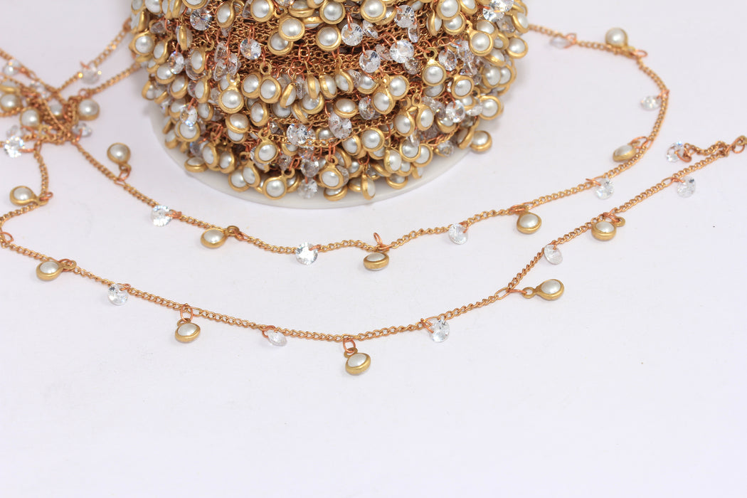 1,5mm Raw Brass Pearl Chain, Brass Crystal Beaded Chains, CHK-4