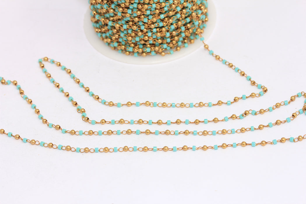 2mm Raw Brass Ball Chains, Turquoise Beaded Chains, CHK17-3