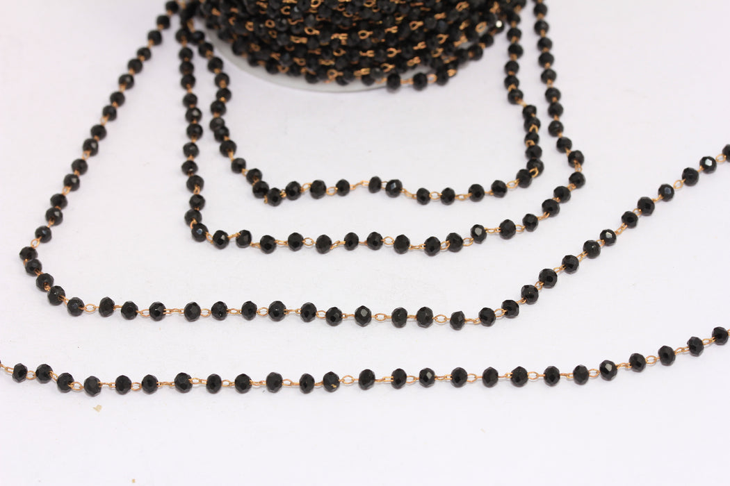 3mm Raw Brass Beaded Chains, Black Crystal Rosary Style Chain, CHK17-4