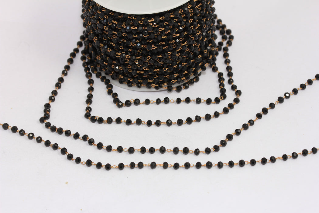 3mm Raw Brass Beaded Chains, Black Crystal Rosary Style Chain, CHK17-4