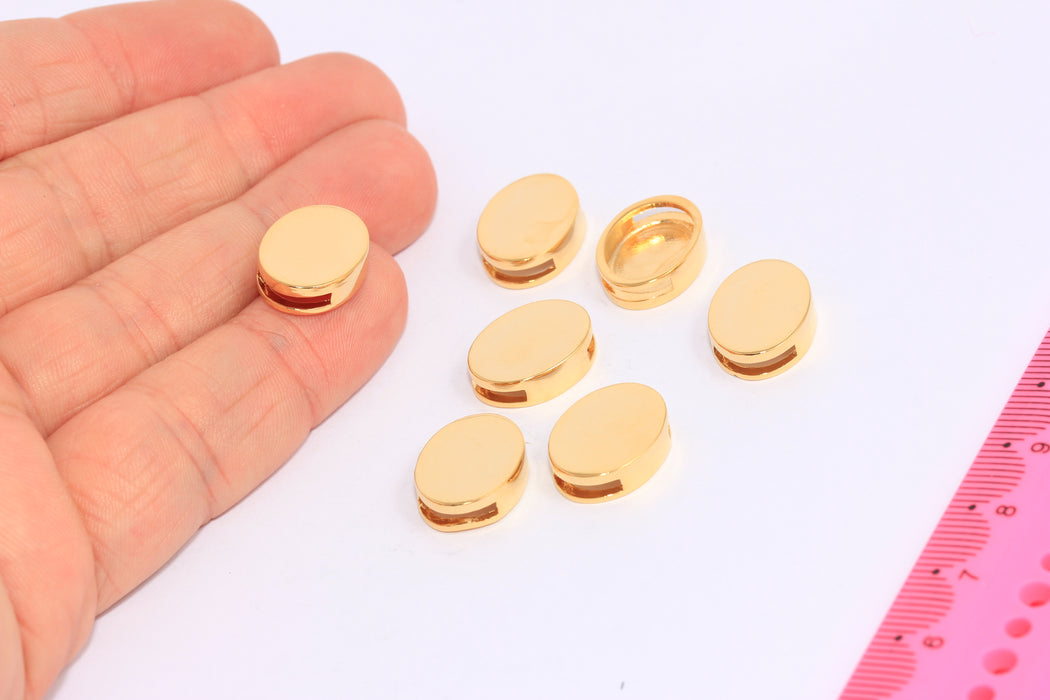 12x16mm 24k Shiny Gold Oval Charms, Flat Coin Sliding Beads, FNL165