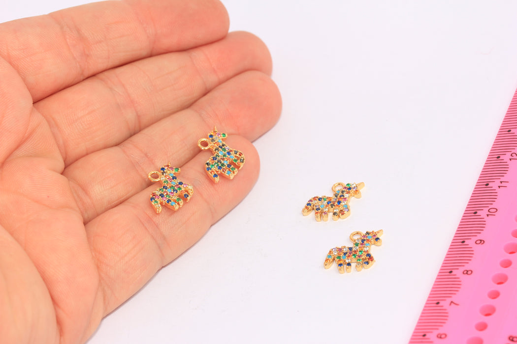 12x16mm 24k Shiny Gold CZ Unicorn Charm, Micron Pave Unicorn Beads, CHK56-4