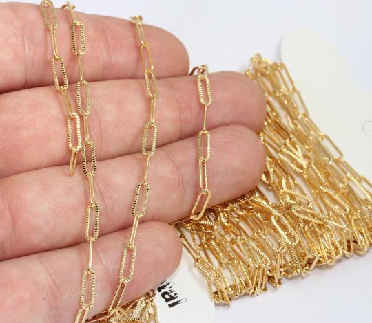 3x10mm 24k Shiny Gold Link Chain, Gold Bar Chain, Gold Serrated  Chain,  CHK548