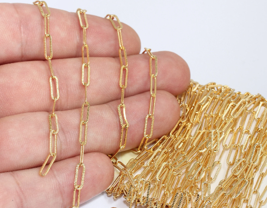 3x10mm 24k Shiny Gold Link Chain, Gold Bar Chain, Gold Serrated  Chain,  CHK548