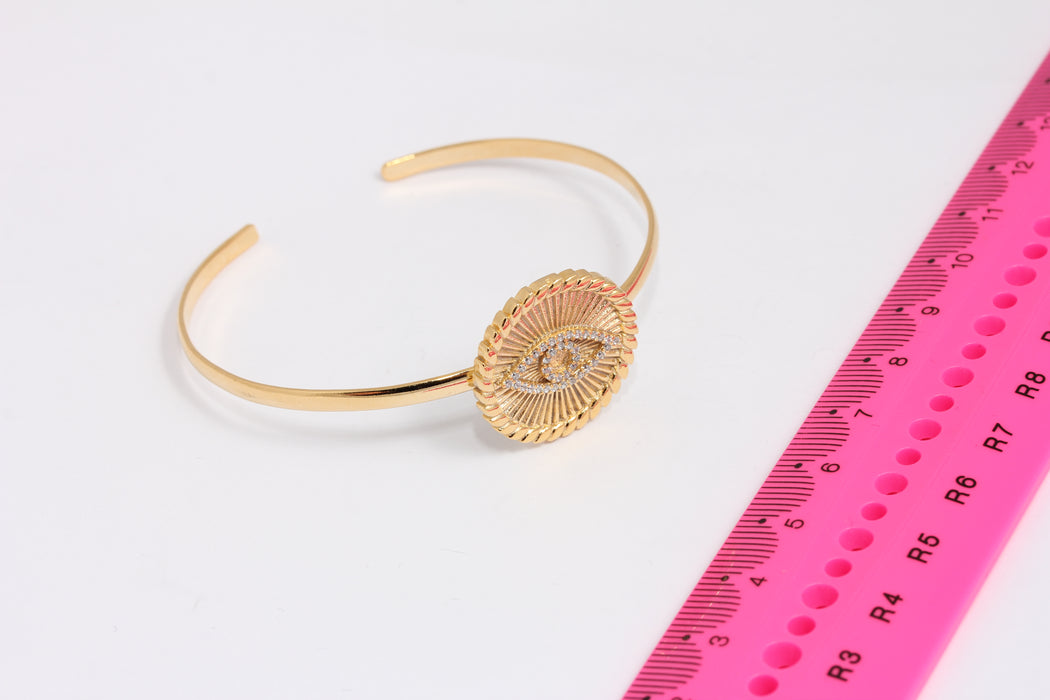 24k Shiny Gold Cuff, CZ Evil Eye Wire Bracelet, Micro Pave Evil, BXB391-3