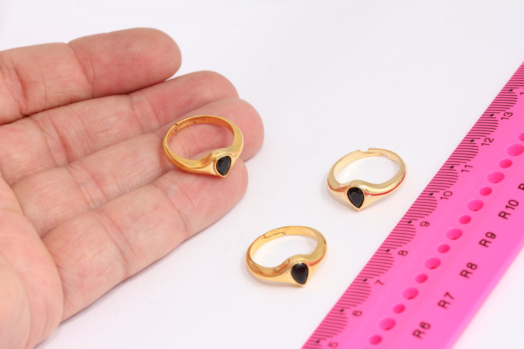 16-17mm 24k Shiny Gold Rings, CZ Black Stone Dainty Rings, MLS861