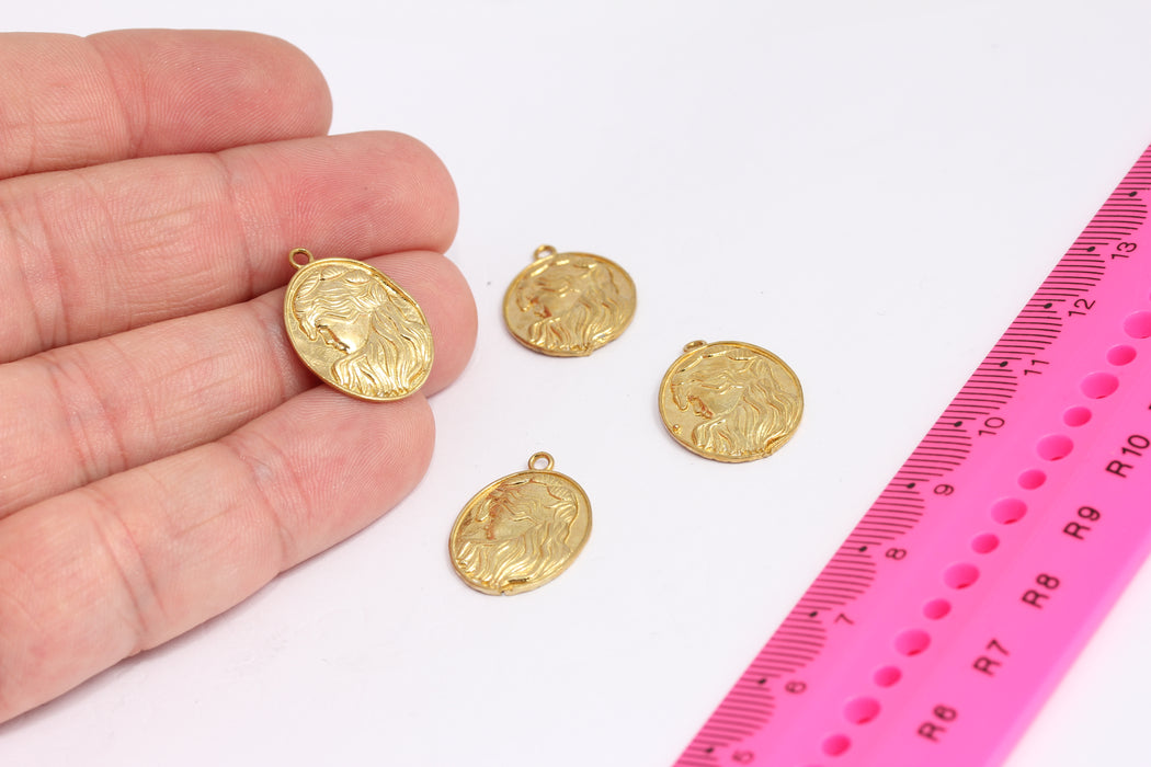 15x21mm Raw Brass Medallion Charm, Vintage Girl Pendant Charms, SLM53