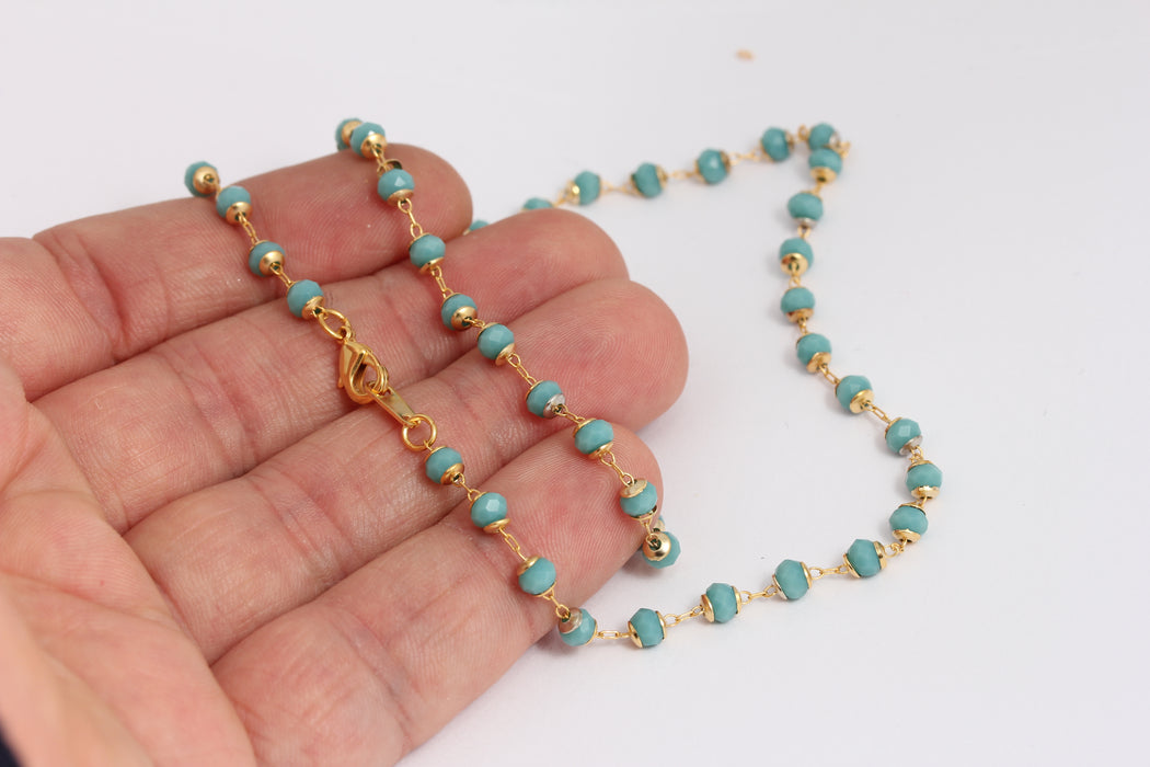 4mm 24k Shiny Gold Rosary Necklace, Turquoise Stone  BXB395-56