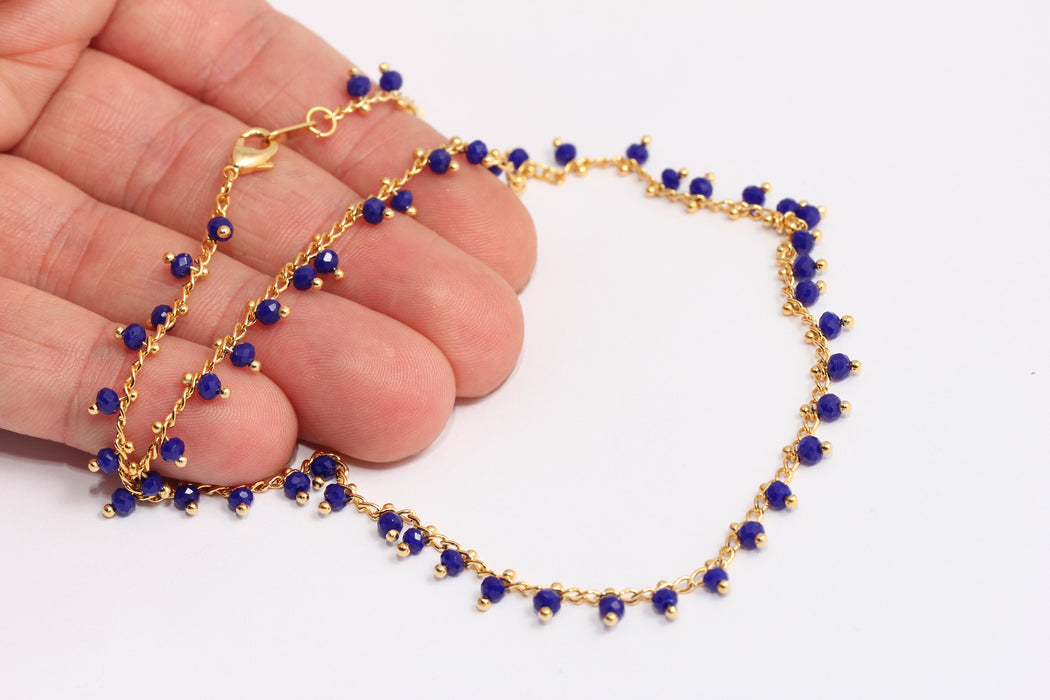 24k Shiny Gold Rosary Necklace, Blue Rosary Beaded Necklace, BXB395-86