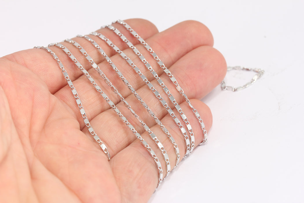 1,8mm Rhodium Plated Curb Chains, Tiny Silver Bar Chains, KPT16-1