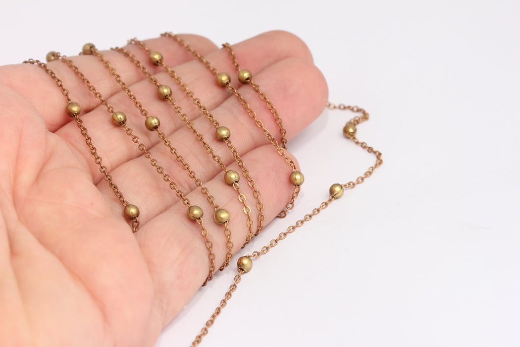 1,5mm Raw Brass Curb Chains, Brass Beaded Satellite Chain, KPT15-1