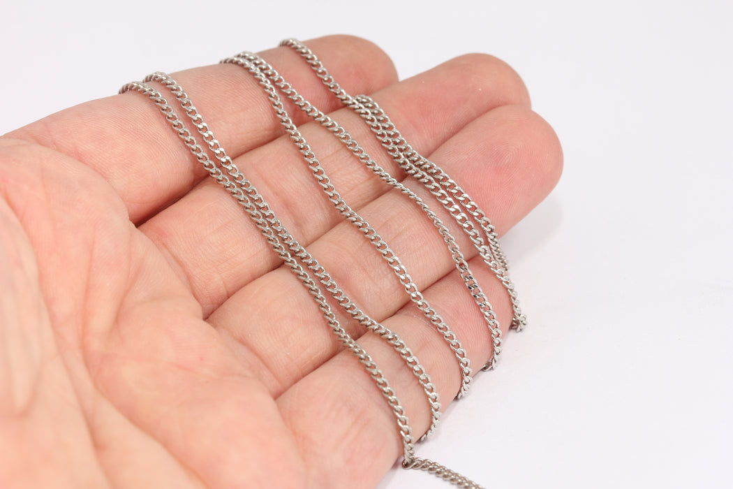 1,8mm Rhodium Plated Curb Chains, Tiny Silver Curb Chains, KPT11-1