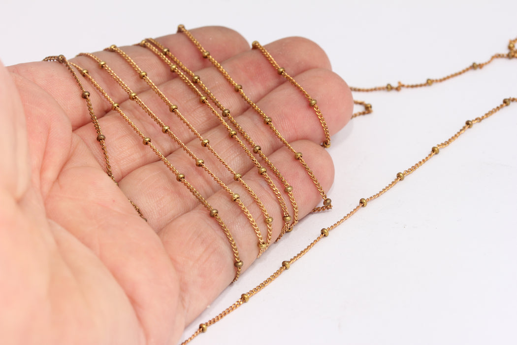 1,3mm Raw Brass Curb Chains, Brass Beaded Satellite Chain, KPT18