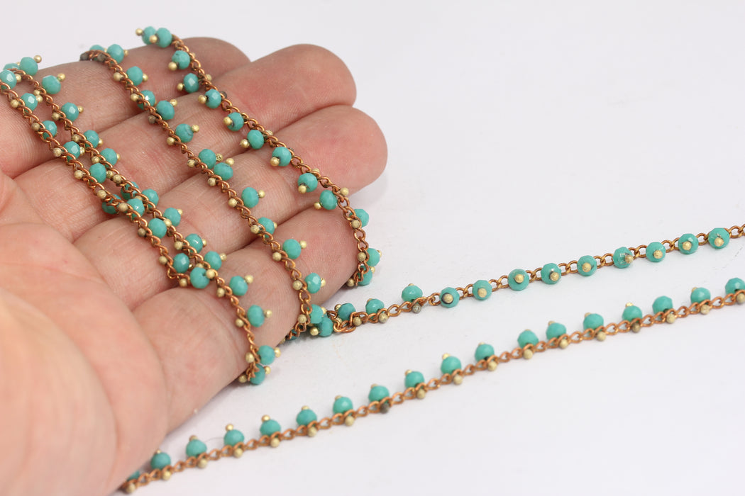 2mm Raw Brass Crystal Chains, Turquoise Beaded Rosary Chains, KPT31-2