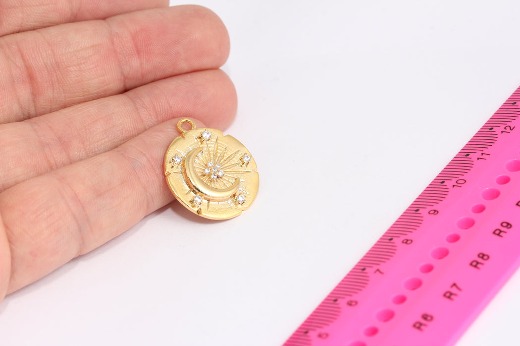 22x25mm 24k Shiny Gold Cz Moon Pendant, Micro Pave Moon Stars,  XP493