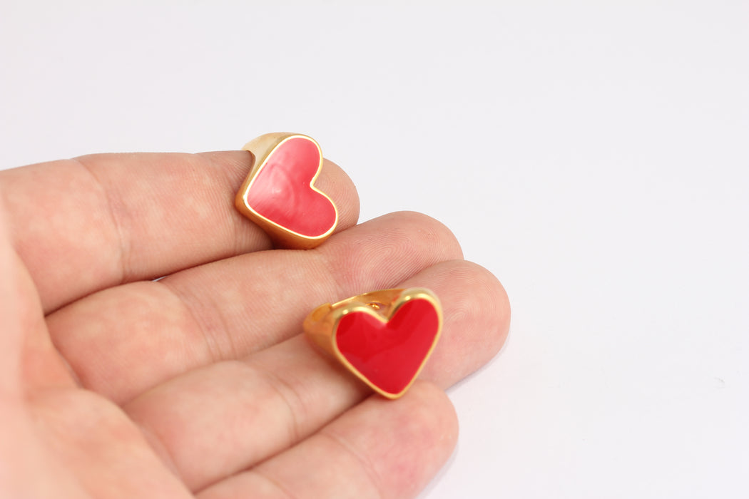 17-18mm 24k Shiny Gold Heart Rings, Red Enamel Heart Ring, SLM1019