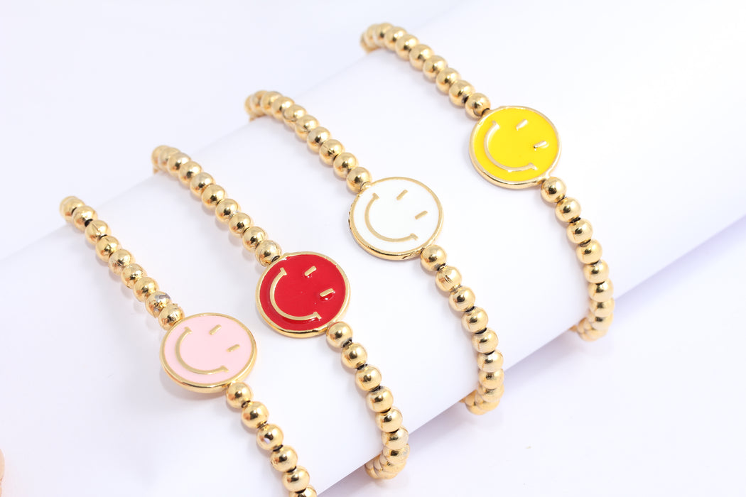 24k Shiny Gold Ball Bracelet, Enamel Smile Bracelets, BLK1-3