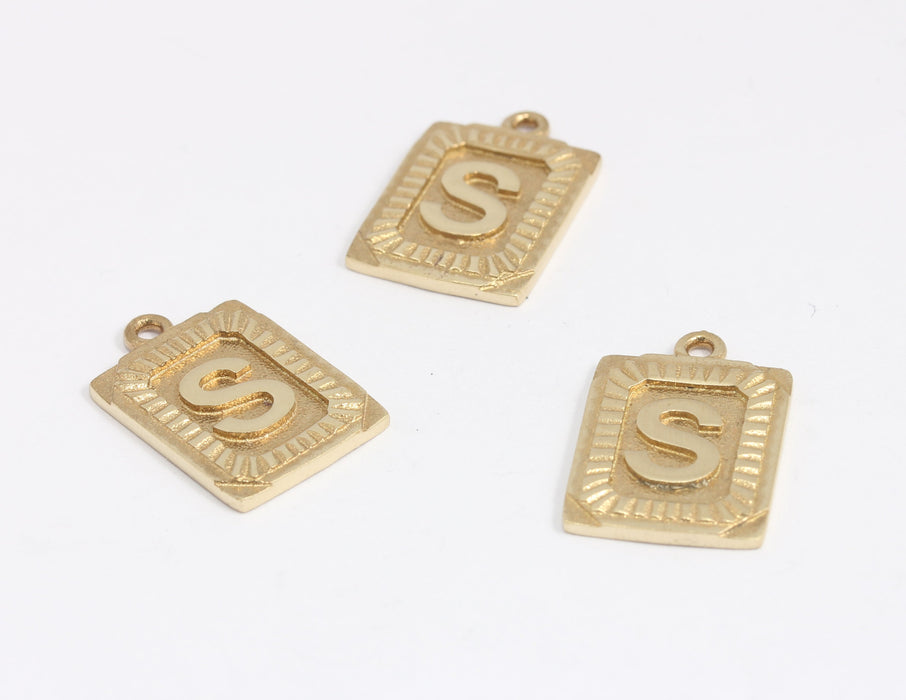 Raw Brass Square Letter Charms, Medallion Letter Beads, KDR101