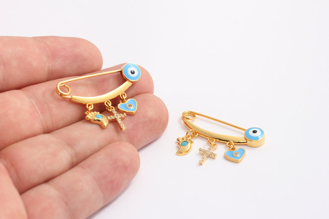 27x35mm 24k Shiny Gold Evil Eye Safety Pin With Charms, KDR57