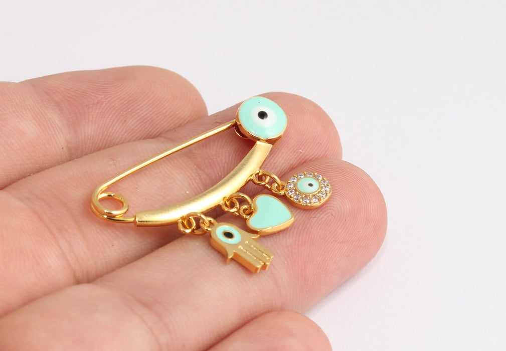 27x35mm 24k Shiny Gold Evil Eye Safety Pin With Charms, KDR40-1