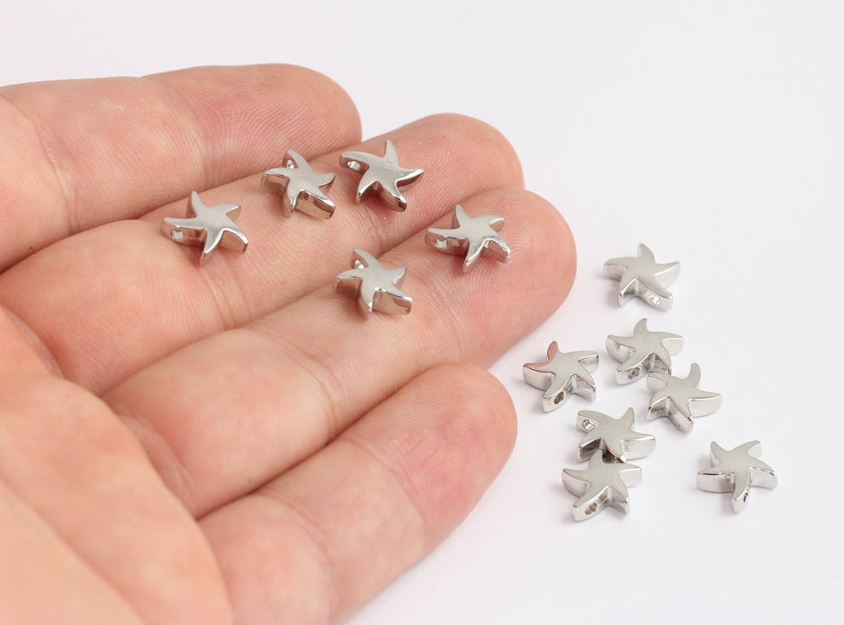 10mm Rhodium Plated Sea Star Charms, Small Starfish Beads, KDR97-6