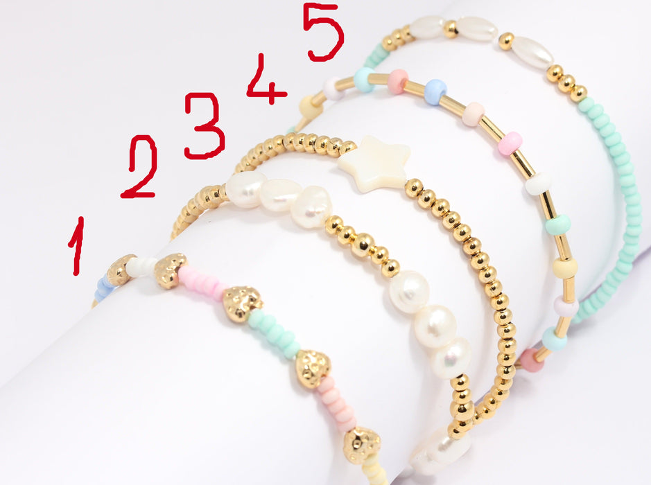 24k Shiny Gold Cute Beaded Bracelet, Colorful Elastic Ball Bracelet, BLK7