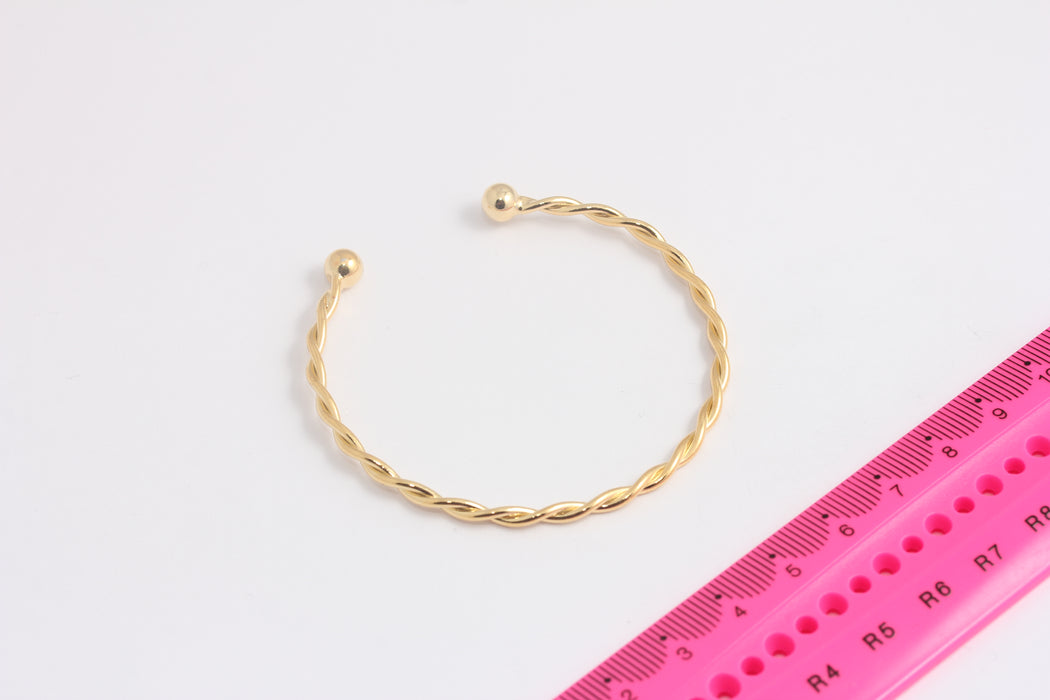 60mm 24k Shiny Gold Round Wire Bracelet, Open Bracelet Bangle, Gold Textured Stacking Minimalist Cuff, Gold Plated Findings, BXB413-3