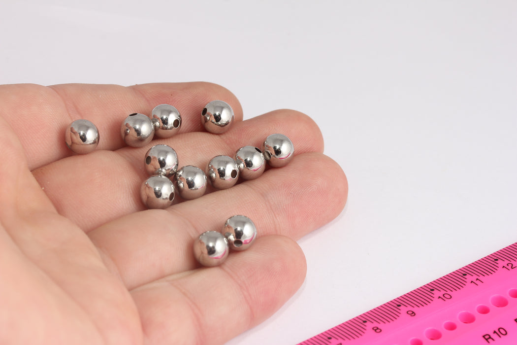 8mm Rhodium Plated Ball Beads, Round Ball, Solid Beads, Silver Spacer Balls, Making Ball Stud Earrings, Rhodium Plated Findings,  MTE1553