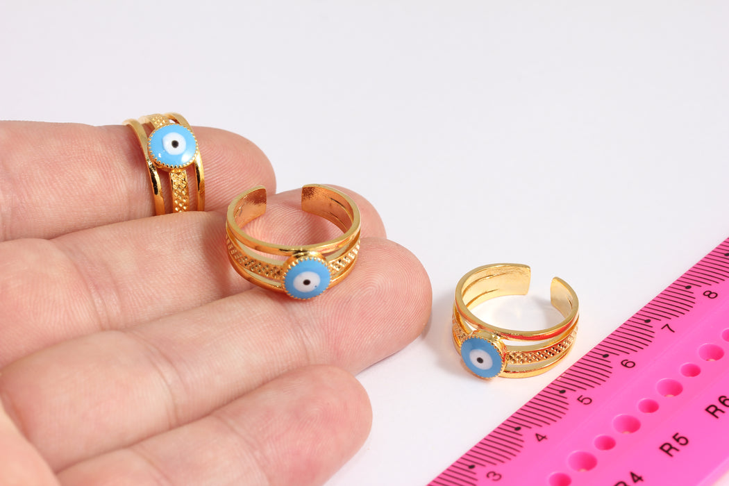 16-17mm 24k Shiny Gold Rings, Evil Eye Drop Enamel Rings, Dainty Rings, Blue Evil Eye Rings, Triple Ring, Gold Plated Ring, CR34-3