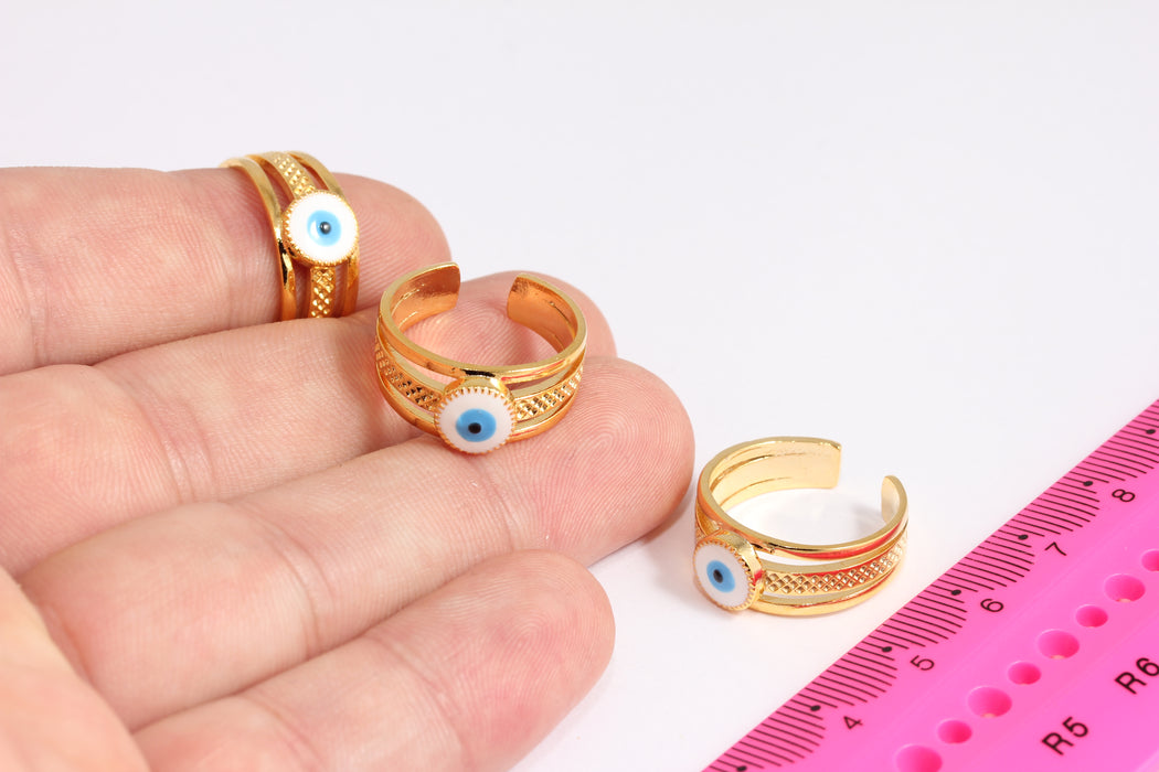 16-17mm 24k Shiny Gold Rings, Evil Eye Drop Enamel Rings, Dainty Rings, White Evil Eye Rings, Triple Ring, Gold Plated Ring, CR27-1