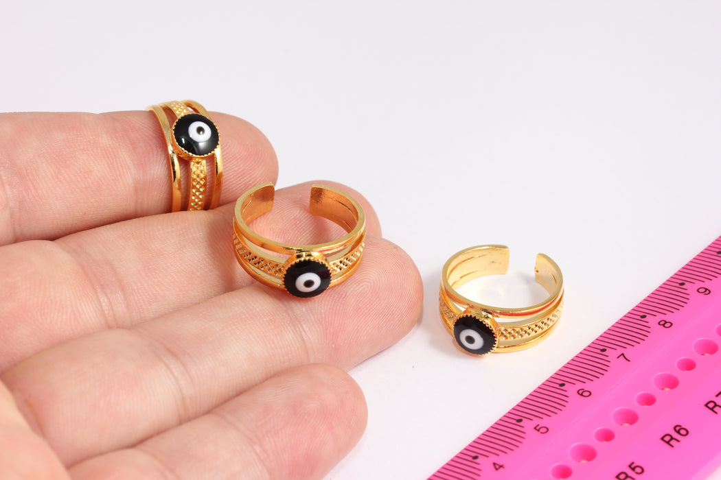 16-17mm 24k Shiny Gold Rings, Evil Eye Drop Enamel Rings, Dainty Rings, Black Evil Eye Rings, Triple Ring, Gold Plated Ring, CR27-2