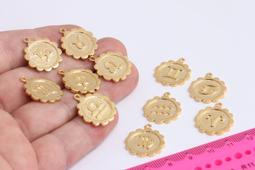 19x22mm 24k Shiny Gold Zodiac Signs, Zodiac Sign, Flower Pendant, Zodiac Necklace, Horoscope Charms, Zodiac Signs, Medallion, BXB429-1