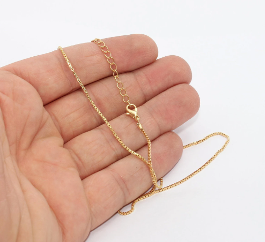 17" 1mm 24k Shiny Gold Cube Necklace, Ready Made Gold  BXB336