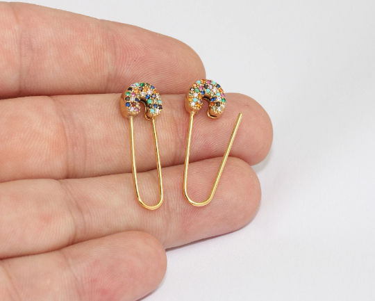 10x32mm 24k Shiny Gold Safety Pin Earrings, CZ Micro    MLS600