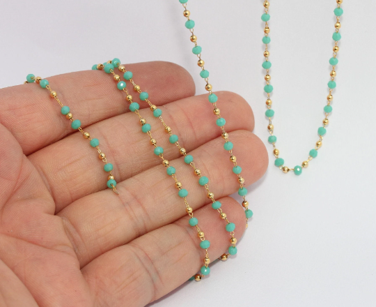 2,6mm 24k Shiny Gold Turquoise Beaded Chains, BXB323