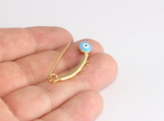 14x35mm 24k Shiny Gold Evil Eye Safety Pin , Turquoise,       MLS744