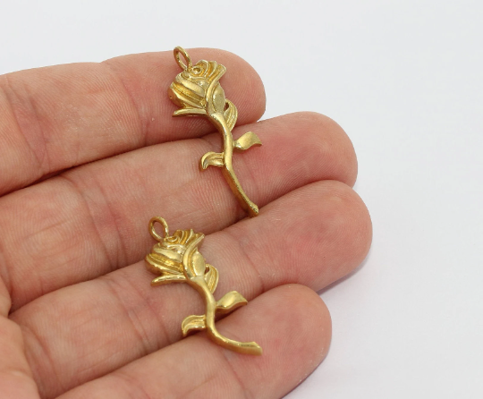 13x31mm Raw Brass Tulip Pendant, Rose Flower Charms,  MTE1382