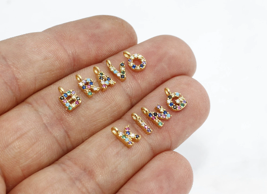 5x8mm 24k Shiny Gold Cz Letters, Cz Colorful Letter Charms,  HRF30