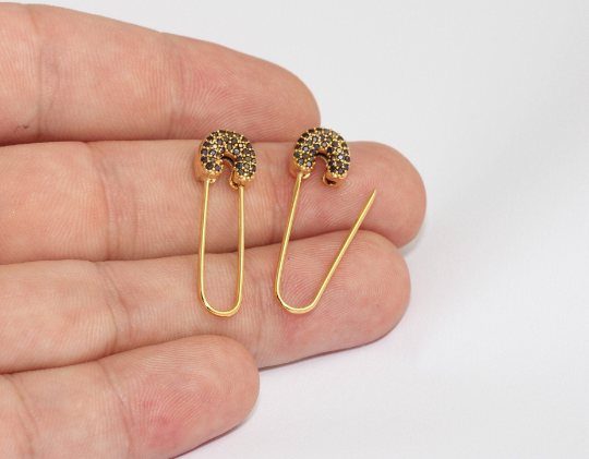 10x32mm 24k Shiny Gold Safety Pin Earrings, CZ Micro MLS571