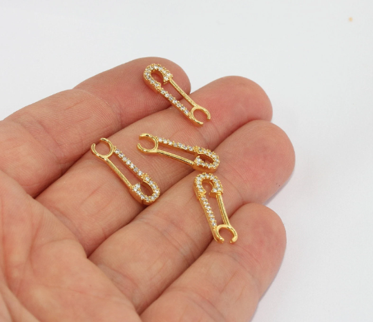 6,5x20mm 24k Shiny Gold Plated Cz Safety Pin Charm, Gold MTE210