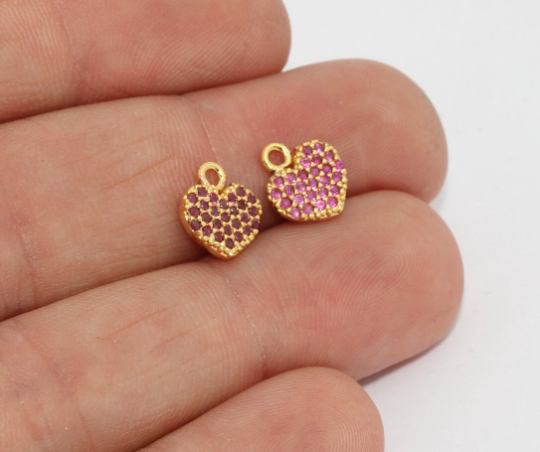 8mm 24k Shiny Gold Heart Charms, Micro Pave Heart, Ruby Heart Mini  ZRCN99