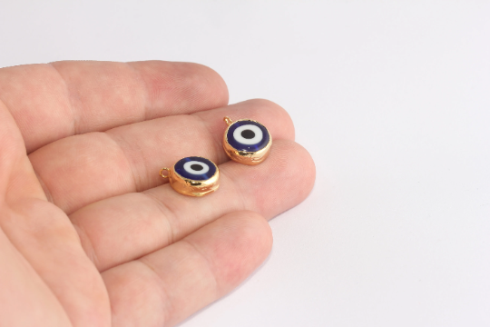 13x16mm 24k Shiny Gold Evil Eye Beads, Navy Blue Eye,           XP260