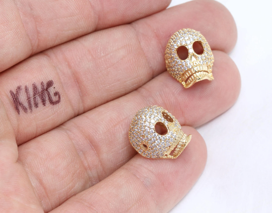 11x15mm 24k Gold Pave Skull Beads, Skull Charms, Gold            ZRCN561